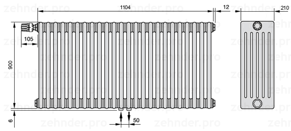 Схема (чертеж) Радиатор Zehnder Charleston 6090/24 №V007 Белый глянцевый RAL 9016